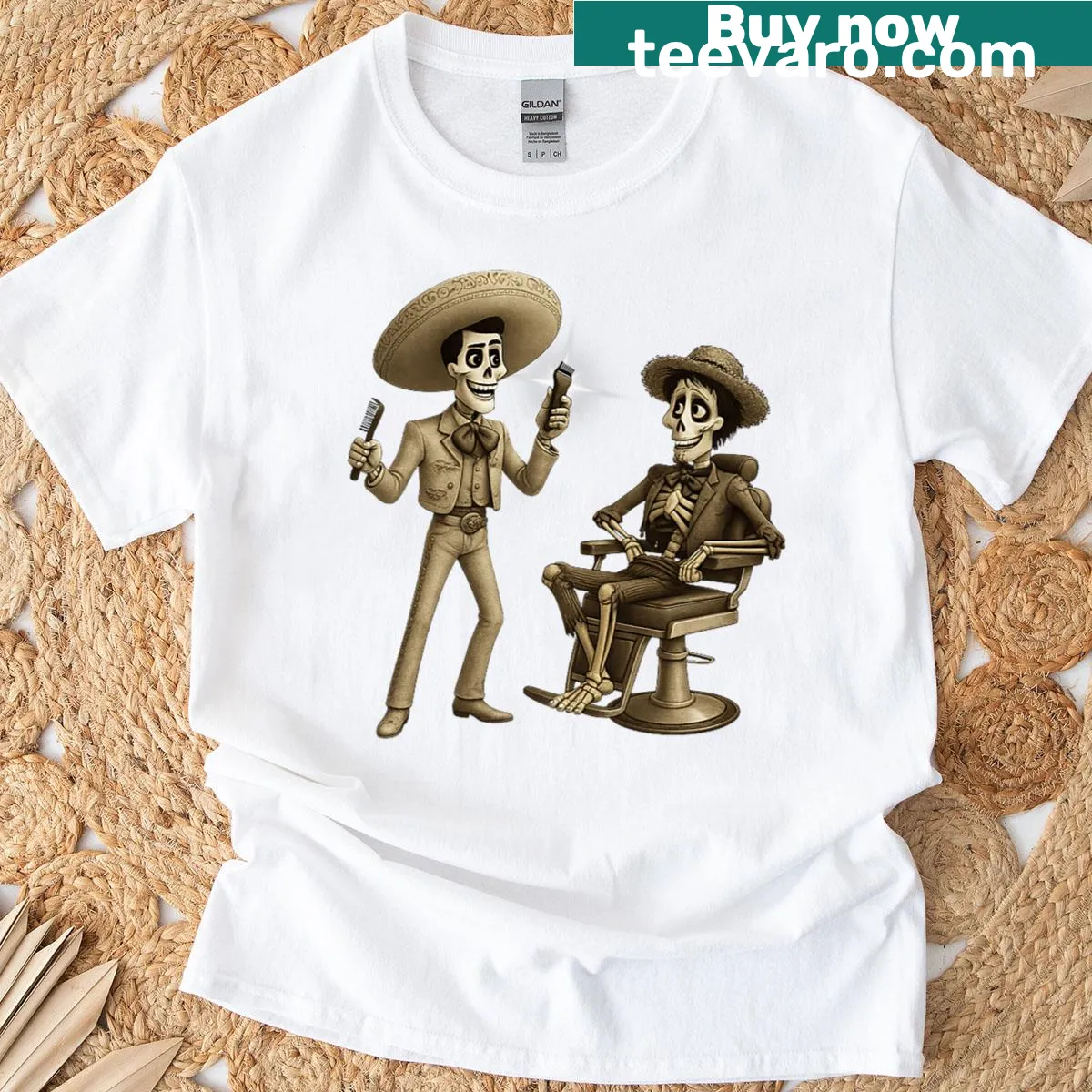 Artistic Dia De Los Muertos barber design on t-shirt. — on a men's t-shirt