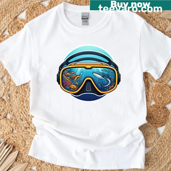 T-shirt featuring illustration of a view through diving goggles