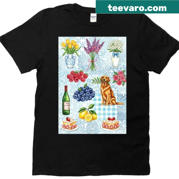 Illustration of a dog surrounded by flowers on a T-shirt.