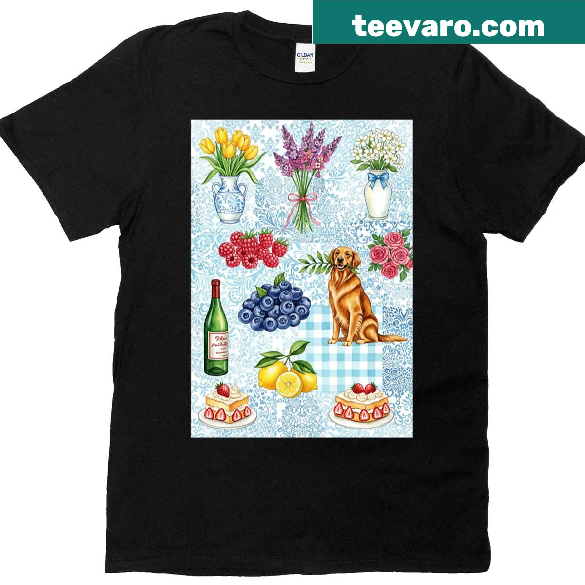 Illustration of a dog surrounded by flowers on a T-shirt. — on a men's t-shirt