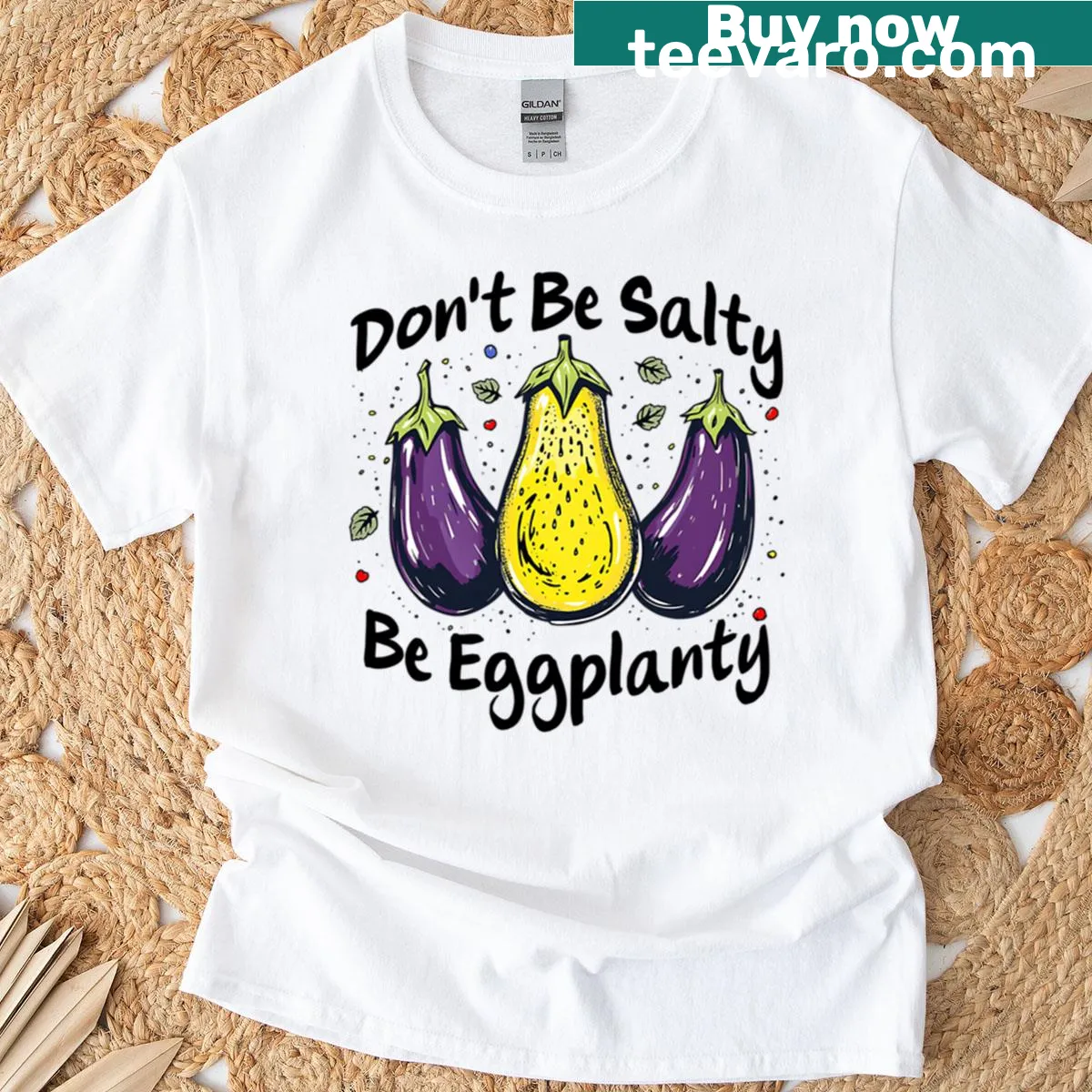 Illustration of three eggplants with the phrase 'Don't Be Salty' on a T-shirt — on a men's t-shirt