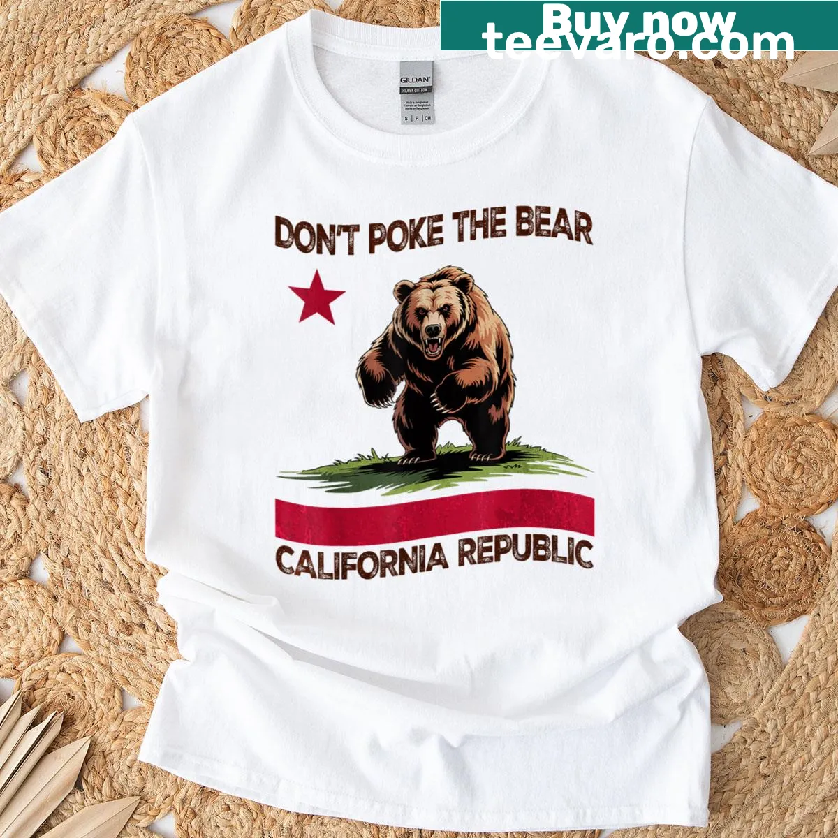 Edgy graphic t-shirt with California bear warning — on a men's t-shirt