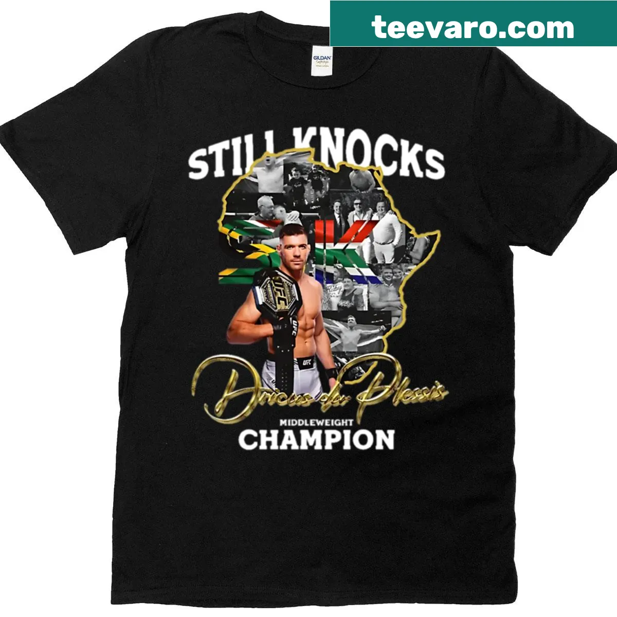 Dricus Du Plessis African Champion T-shirt featuring bold graphic text — on a men's t-shirt