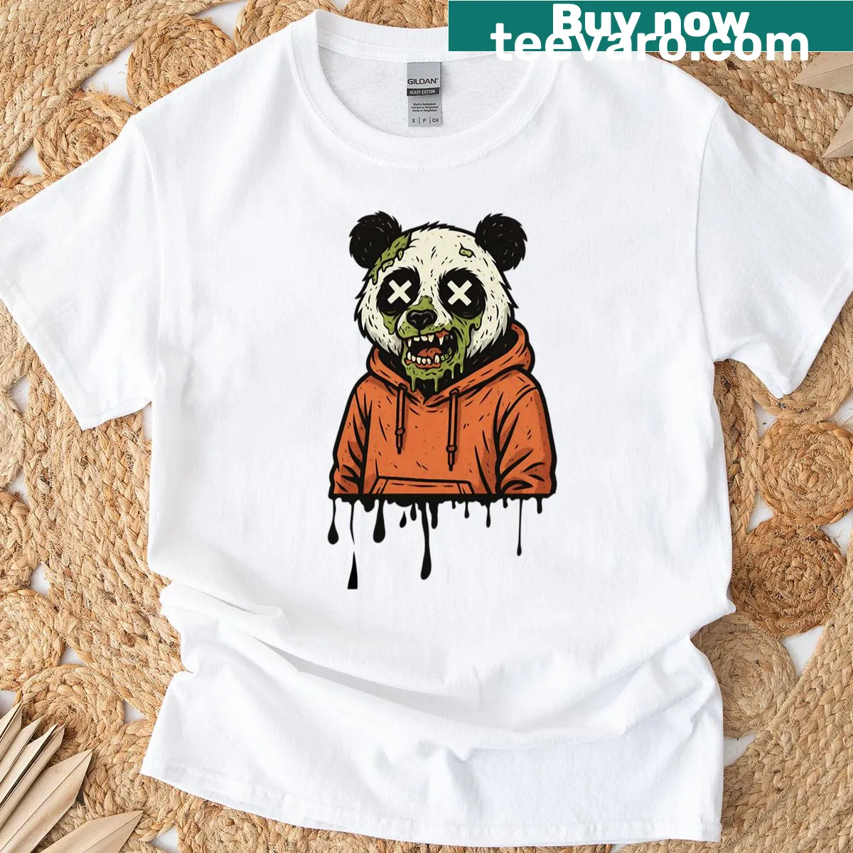 Zombie panda T-shirt with dripping design — on a men's t-shirt