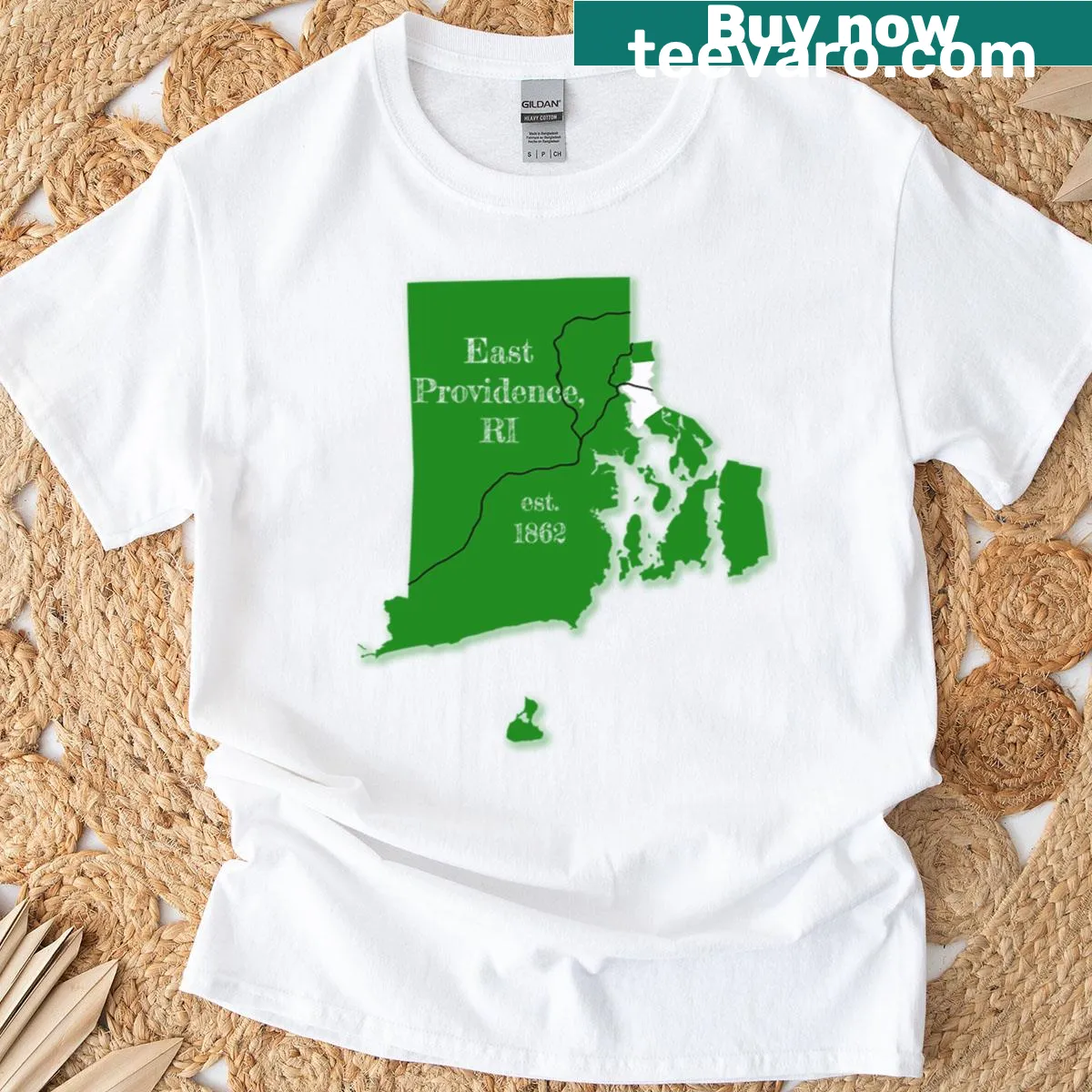 Clean typography design stating 'East Providence, RI' on a green T-shirt — on a men's t-shirt