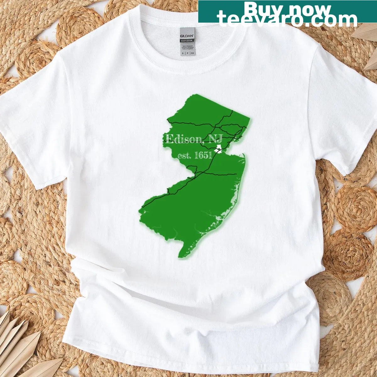 Illustrative design t-shirt representing Edison, NJ — on a men's t-shirt
