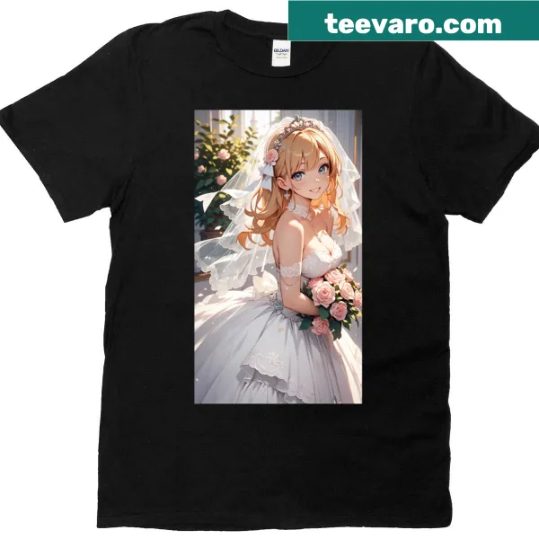 Anime bride illustration on a romantic wedding dress T-shirt