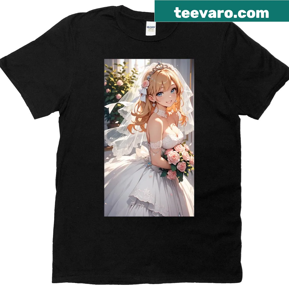 Anime bride illustration on a romantic wedding dress T-shirt — on a men's t-shirt