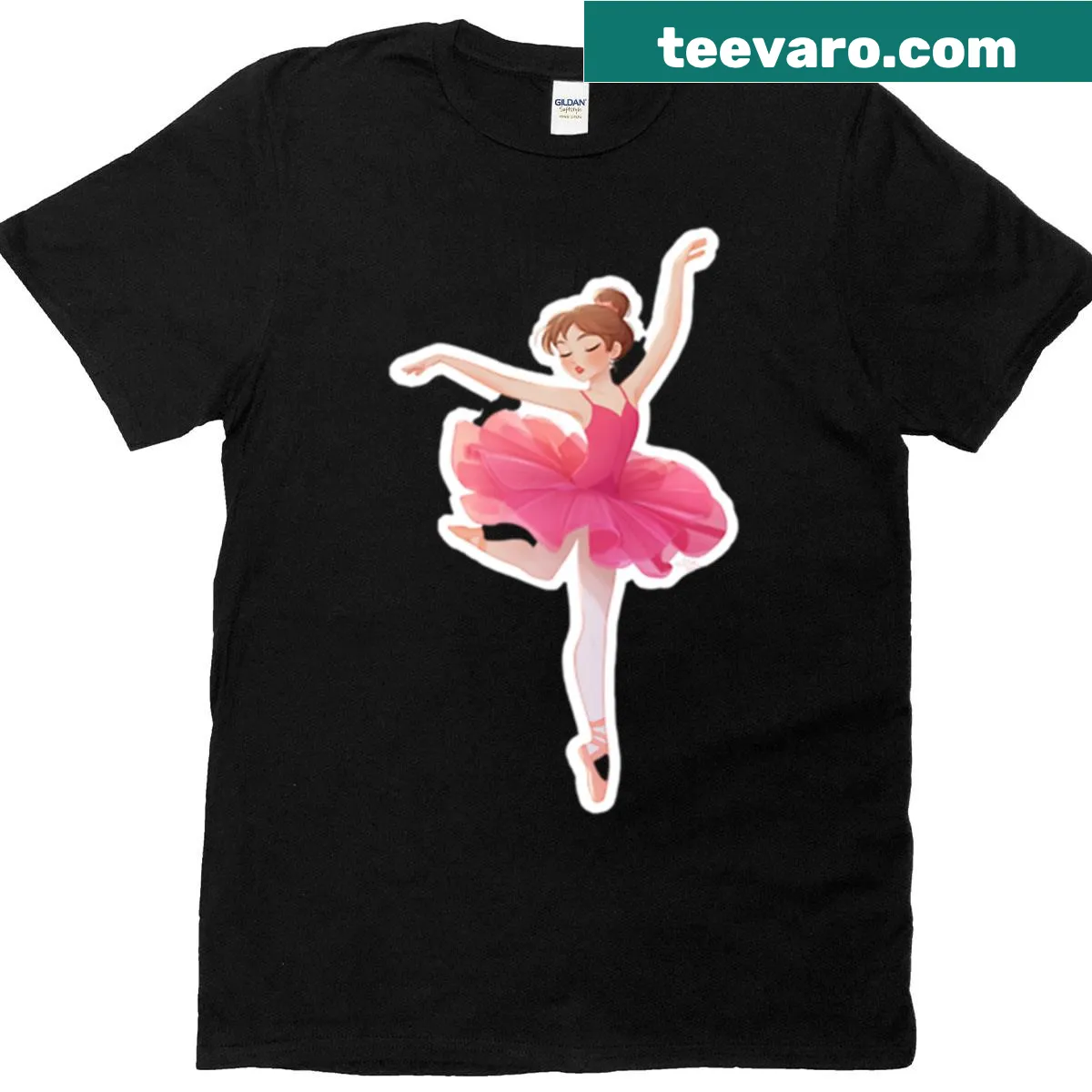 Illustration of a pink ballerina surrounded by colorful stickers — on a men's t-shirt
