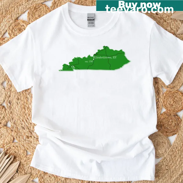 Simple typography design stating 'Elizabethtown, KY' on a green T-shirt