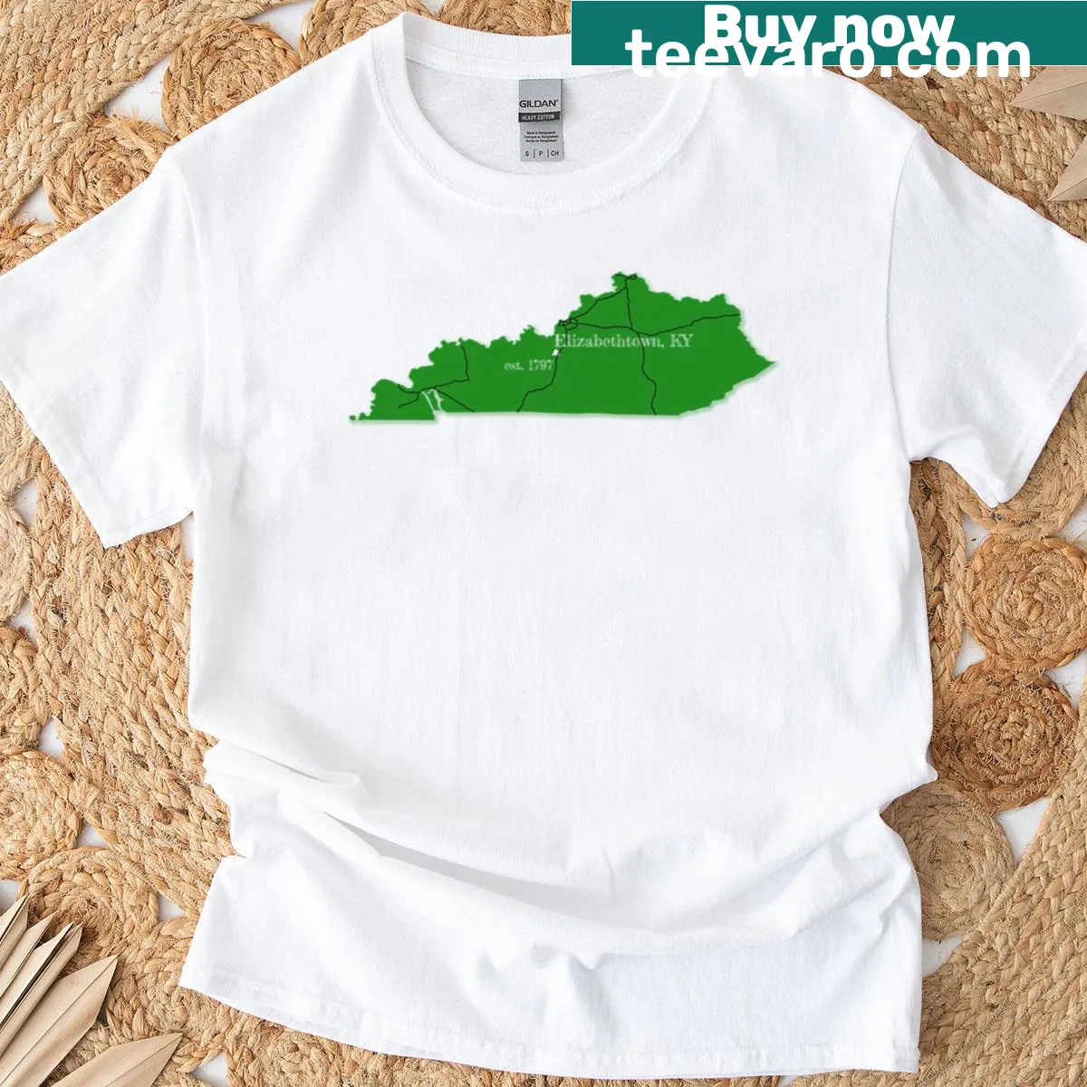 Simple typography design stating 'Elizabethtown, KY' on a green T-shirt — on a men's t-shirt
