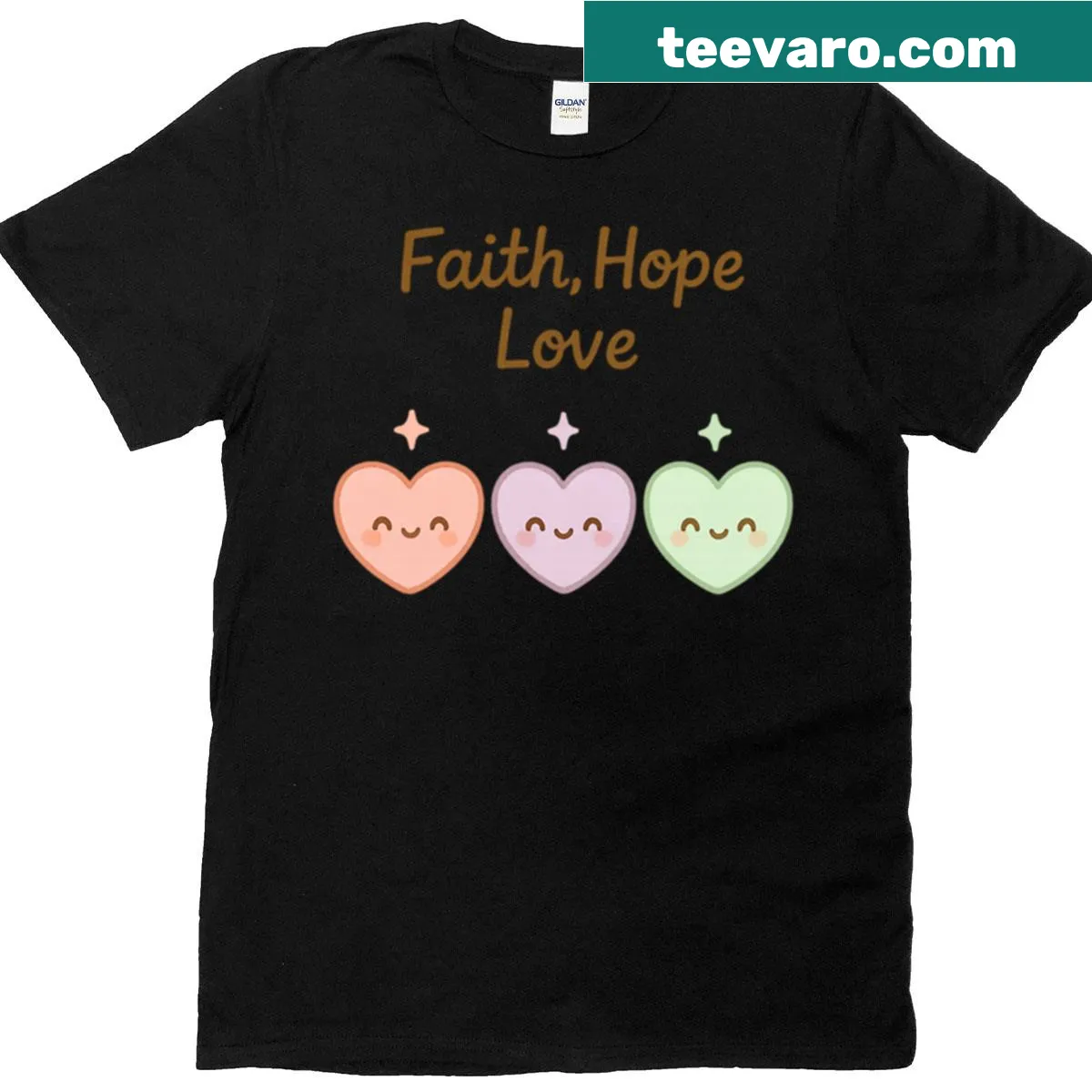 Kawaii hearts design T-shirt with 'Faith Hope Love' text — on a men's t-shirt
