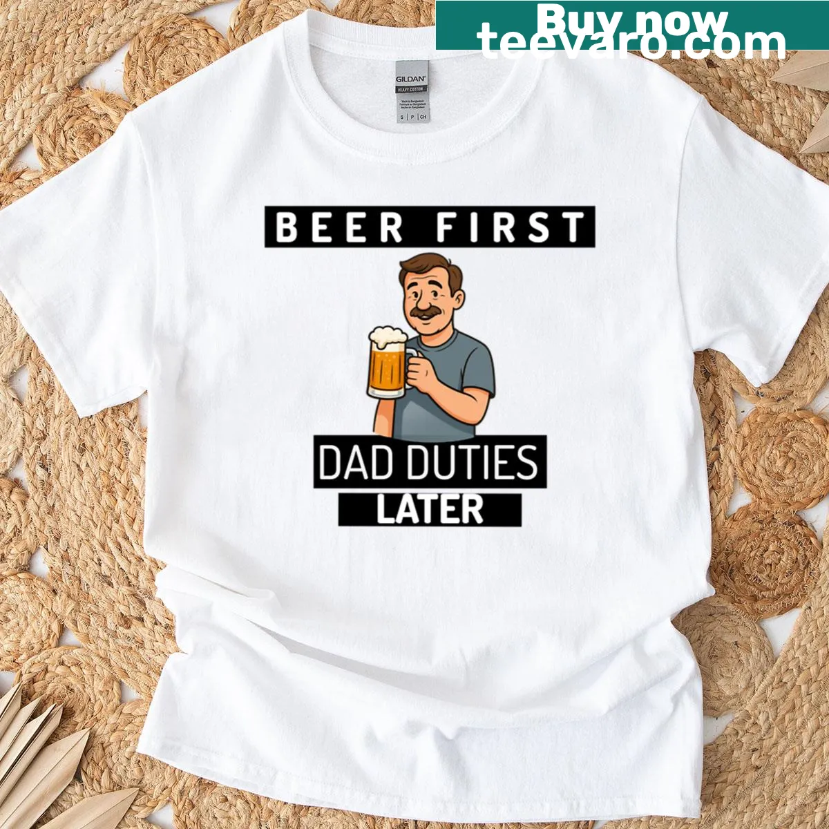 T-shirt depicting a father relaxing with a beer, reflecting everyday family life. — on a men's t-shirt