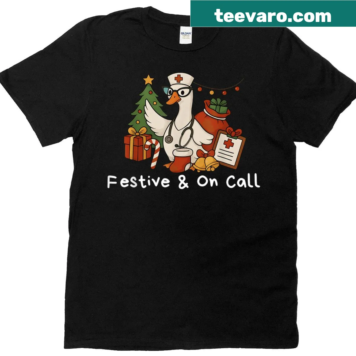 Holiday T-shirt featuring festive goose design for nurses — on a men's t-shirt