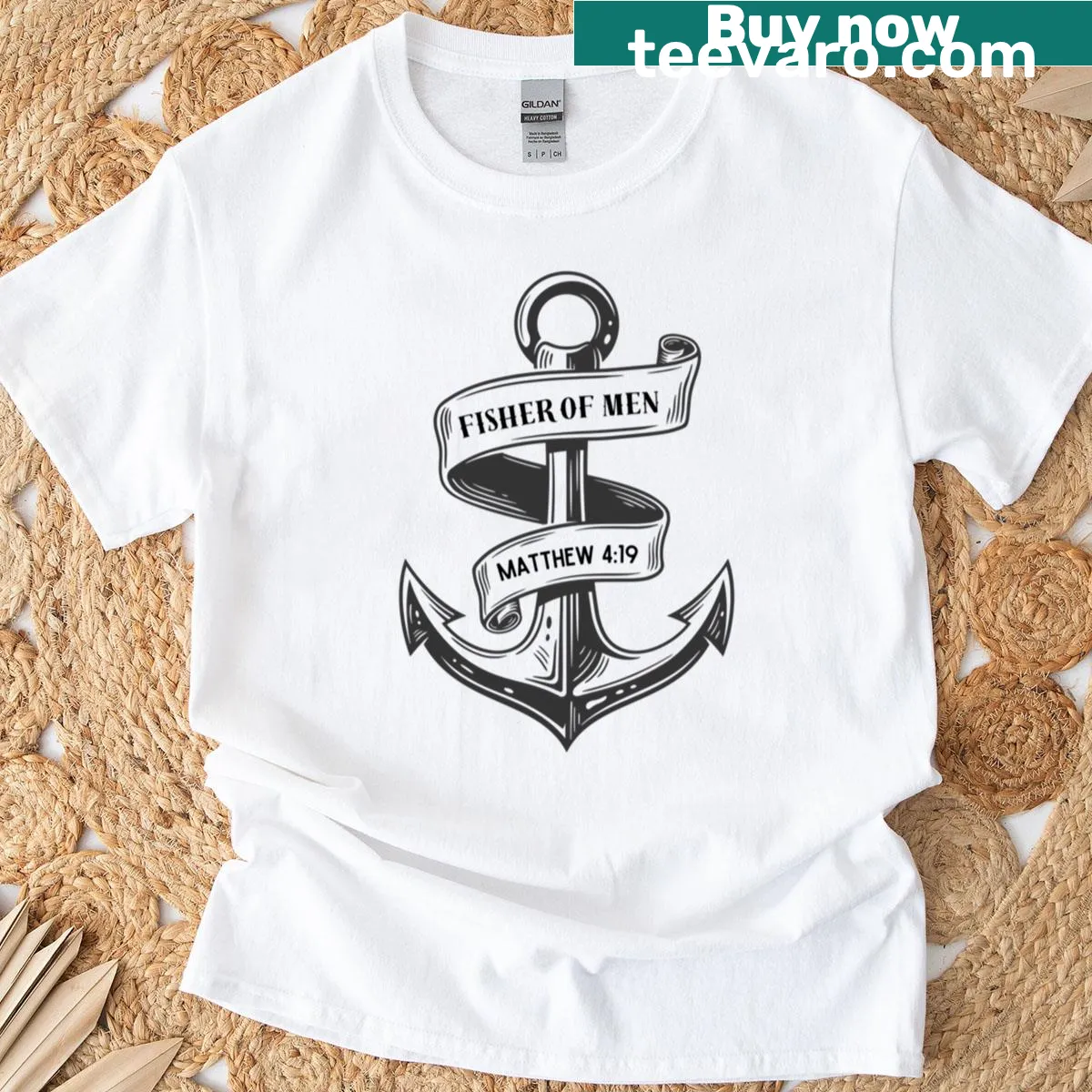 T-shirt featuring a typographic design of Matthew 4:19 — on a men's t-shirt
