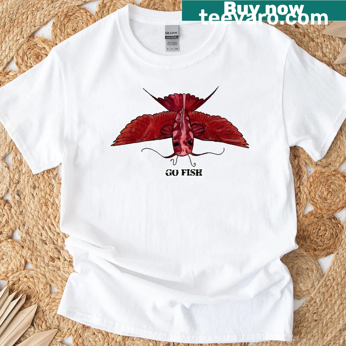 Illustration of a bird fishing on a t-shirt — on a men's t-shirt