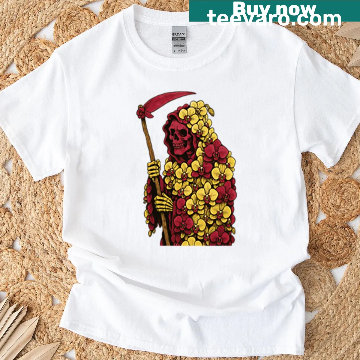 Artistic illustration of the Grim Reaper in a floral orchid cloak — on a men's t-shirt