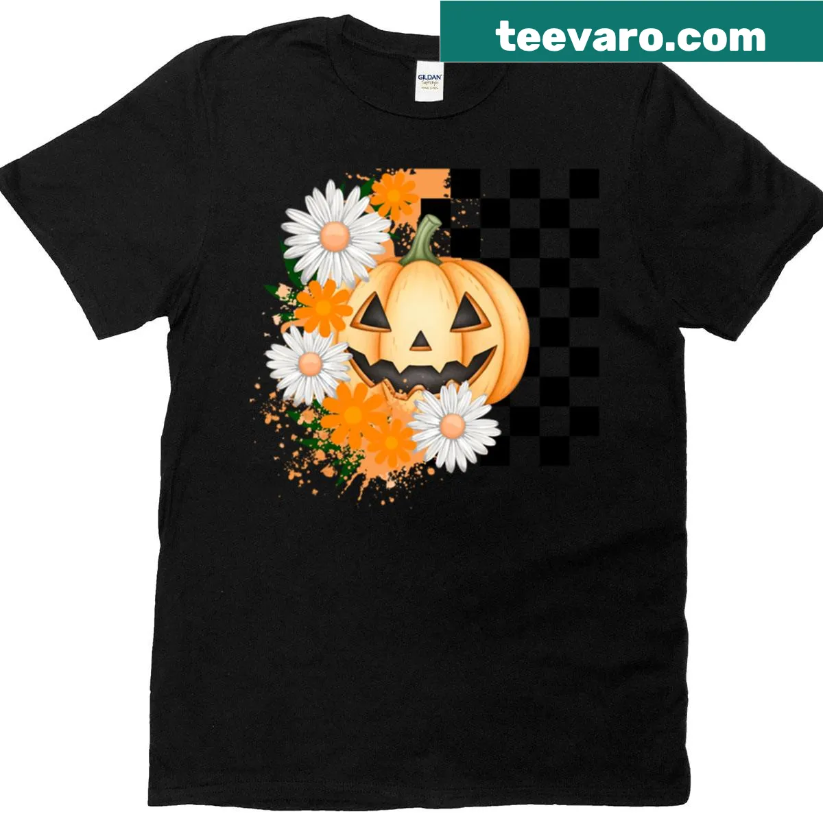 Floral design with a pumpkin on a Halloween T-shirt — on a men's t-shirt