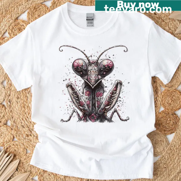 Surreal mantis art surrounded by flowers on a T-shirt