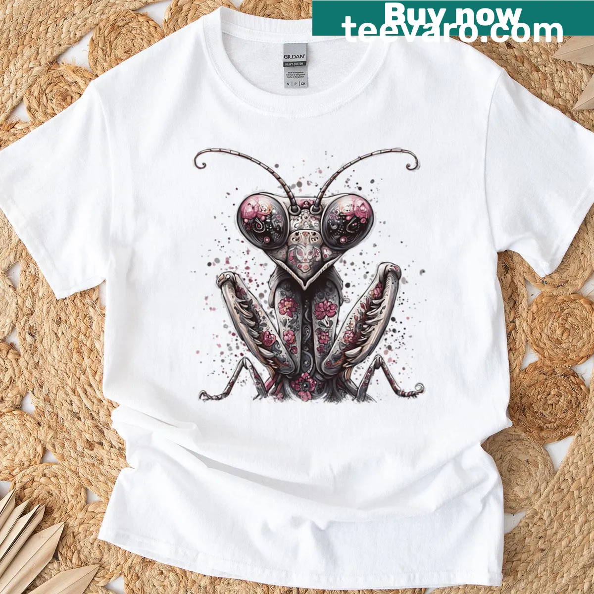 Surreal mantis art surrounded by flowers on a T-shirt — on a men's t-shirt