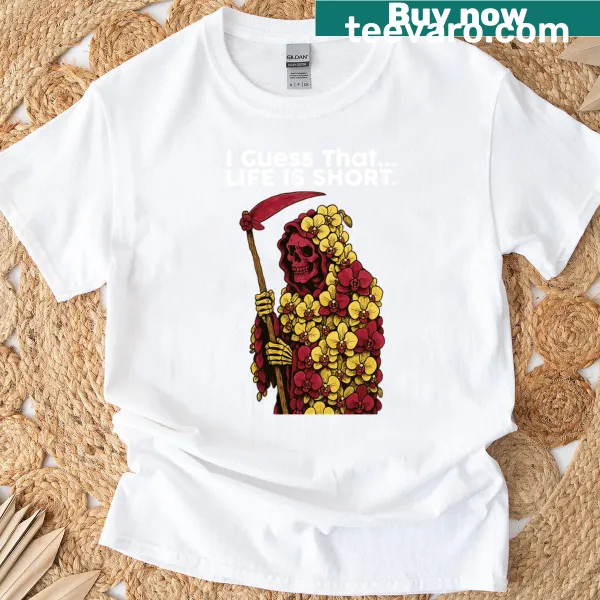 Floral reaper design with quote about life on a T-shirt