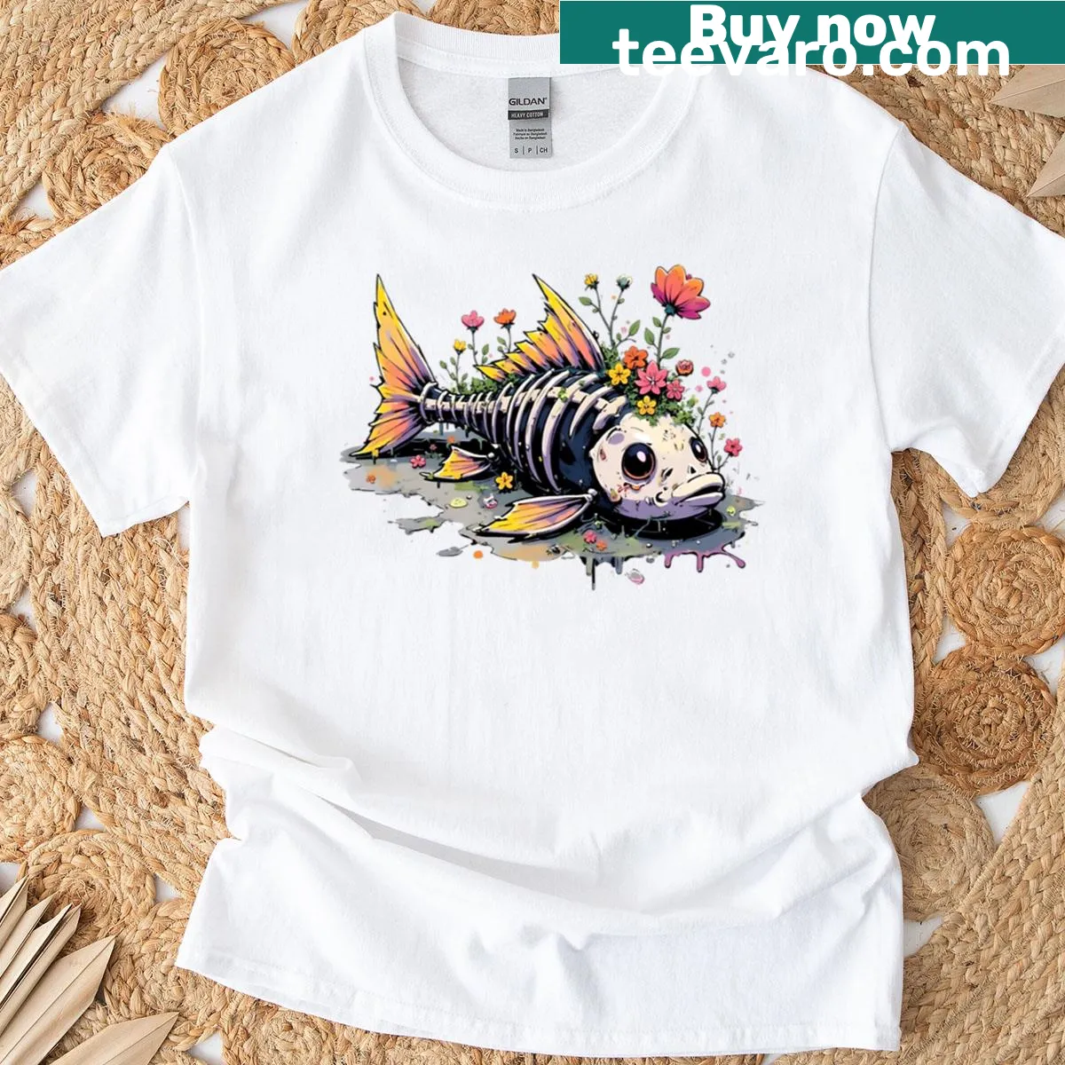 Illustration of flowers on a fish bone on T-shirt — on a men's t-shirt