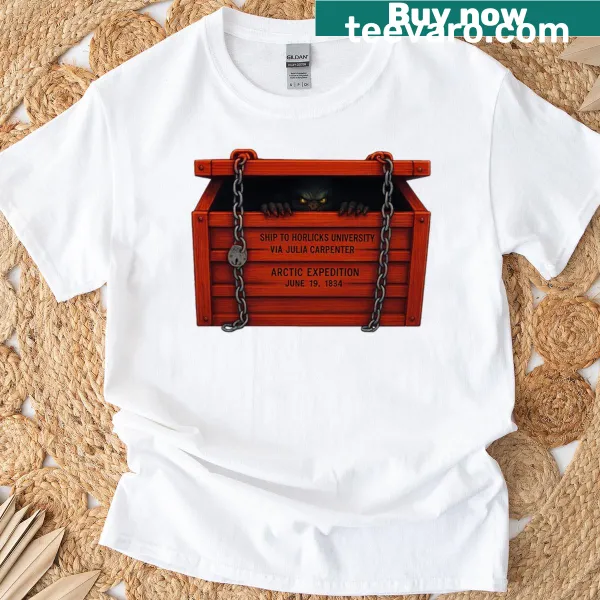 Illustration of a fluffy creature in a crate on a T-shirt