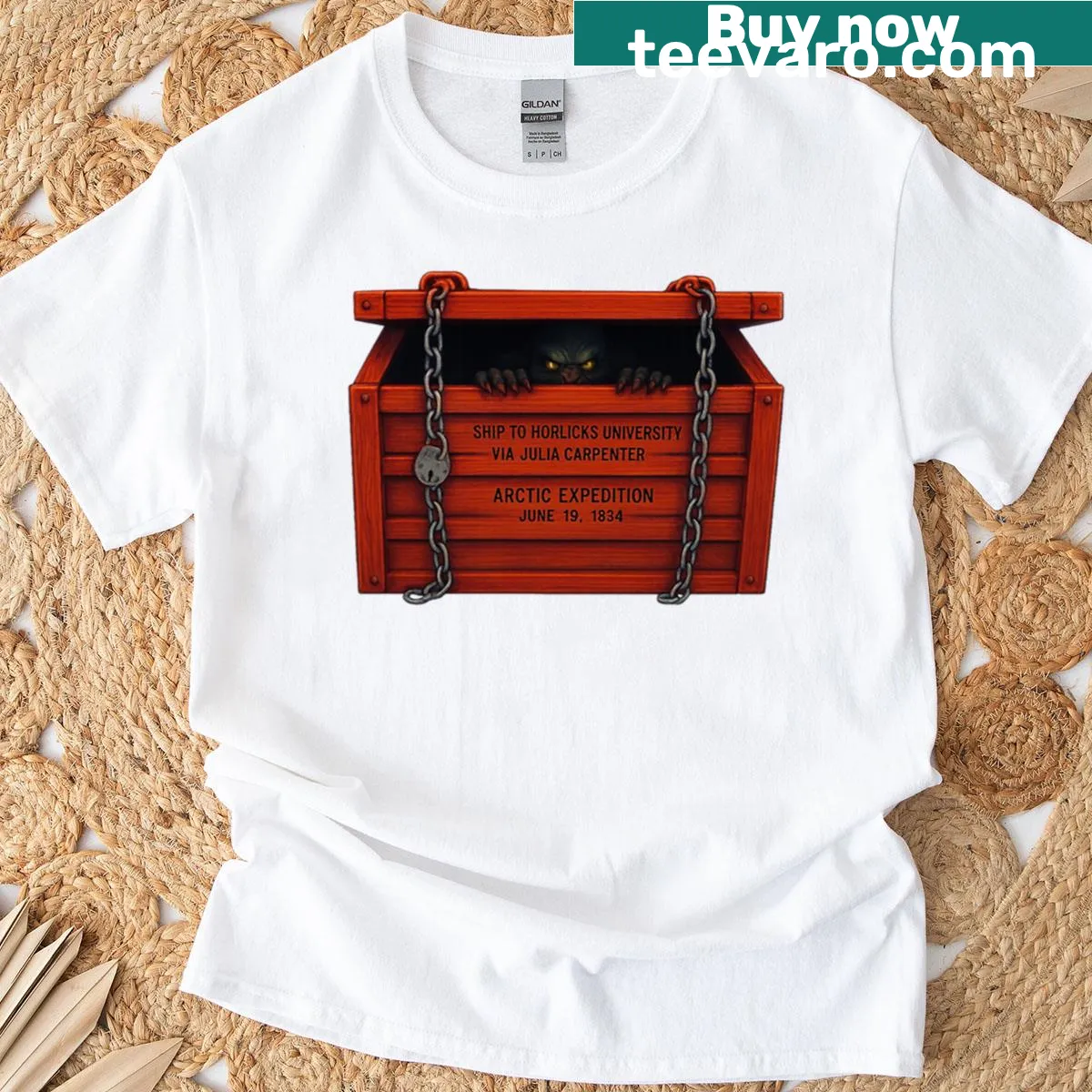 Illustration of a fluffy creature in a crate on a T-shirt — on a men's t-shirt