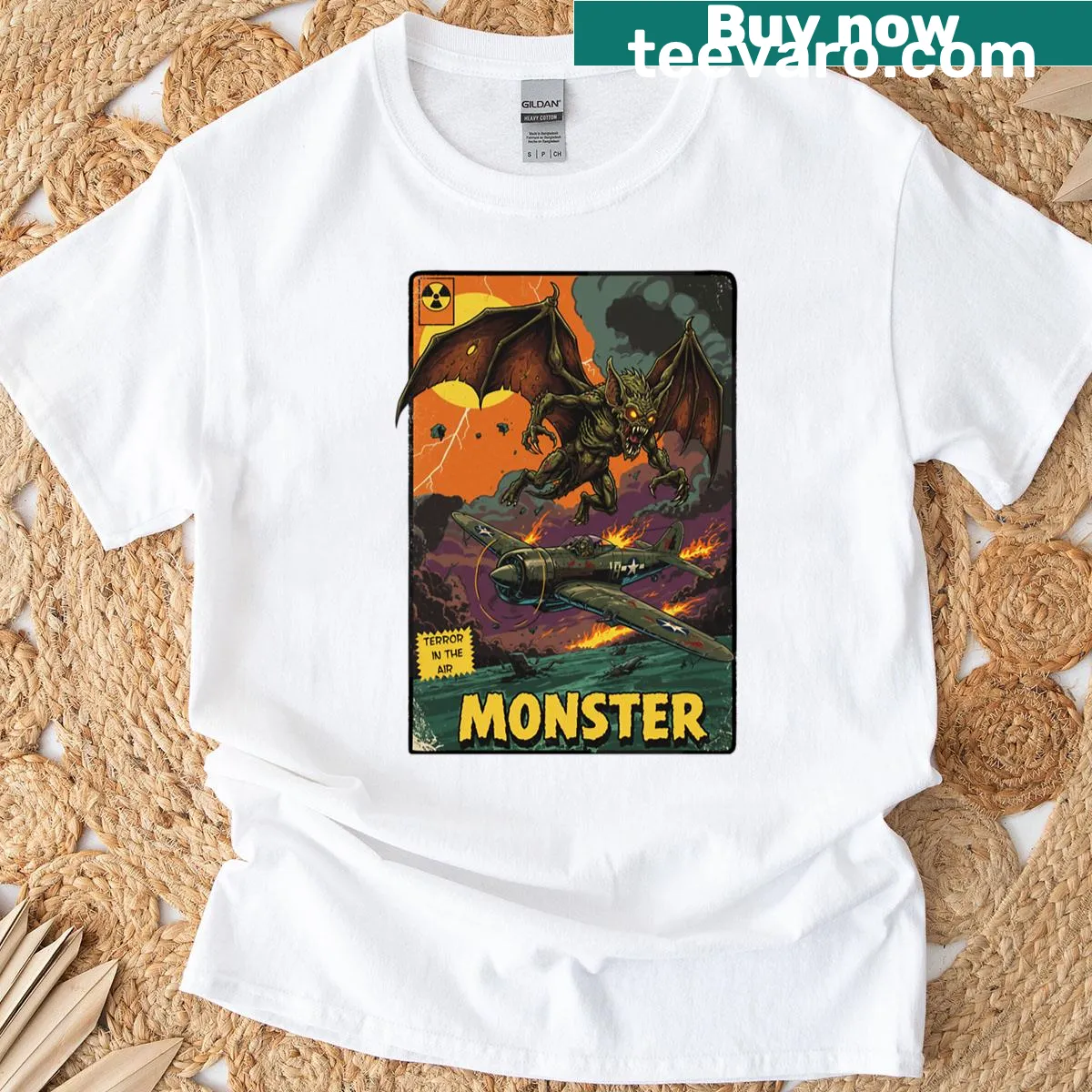 T-shirt featuring a whimsical flying monster design — on a men's t-shirt