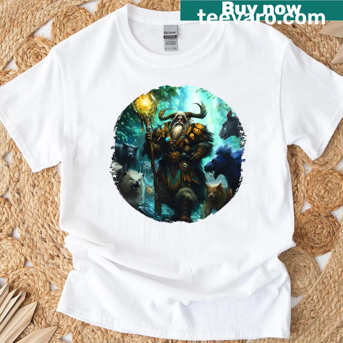 Illustration of a forest shaman summoning animal spirits on a T-shirt — on a men's t-shirt