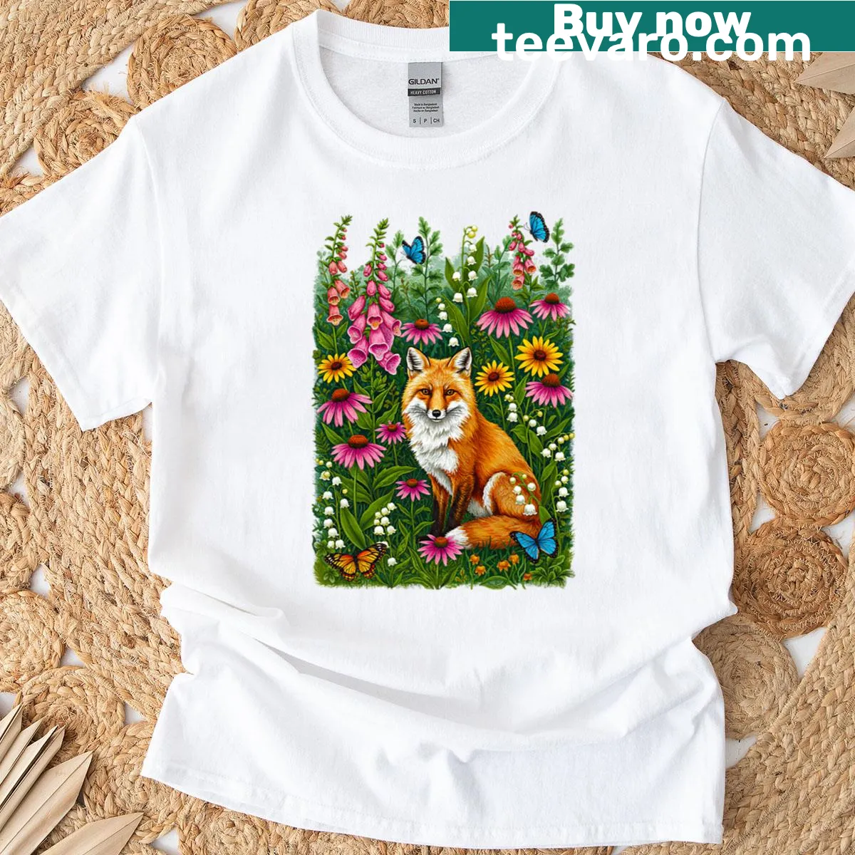 Fox surrounded by wildflowers illustration on T-shirt — on a men's t-shirt