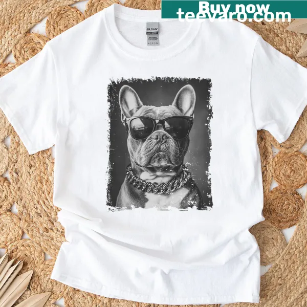 Cartoon French Bulldog with sunglasses and chain on a T-shirt