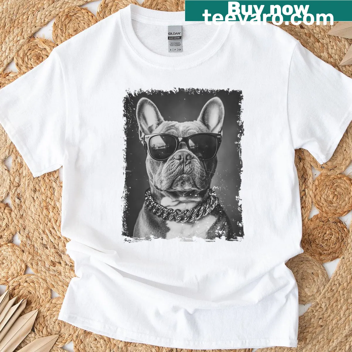 Cartoon French Bulldog with sunglasses and chain on a T-shirt — on a men's t-shirt