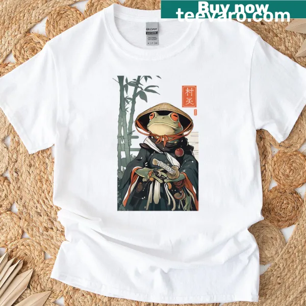 Whimsical illustration of a samurai frog on a T-shirt