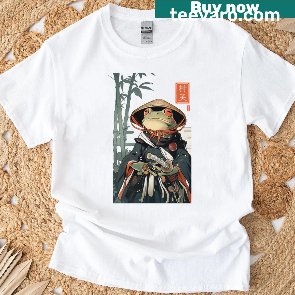 Whimsical illustration of a samurai frog on a T-shirt — on a men's t-shirt