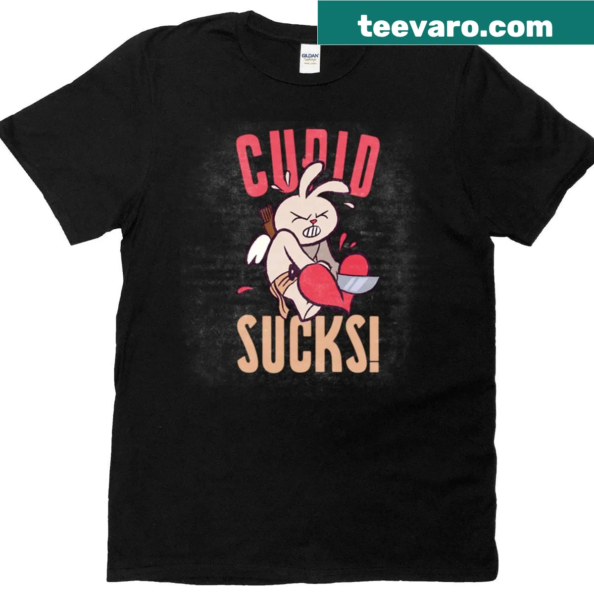 Cartoon bunny with the text 'Cupid Sucks' on a humorous tee — on a men's t-shirt