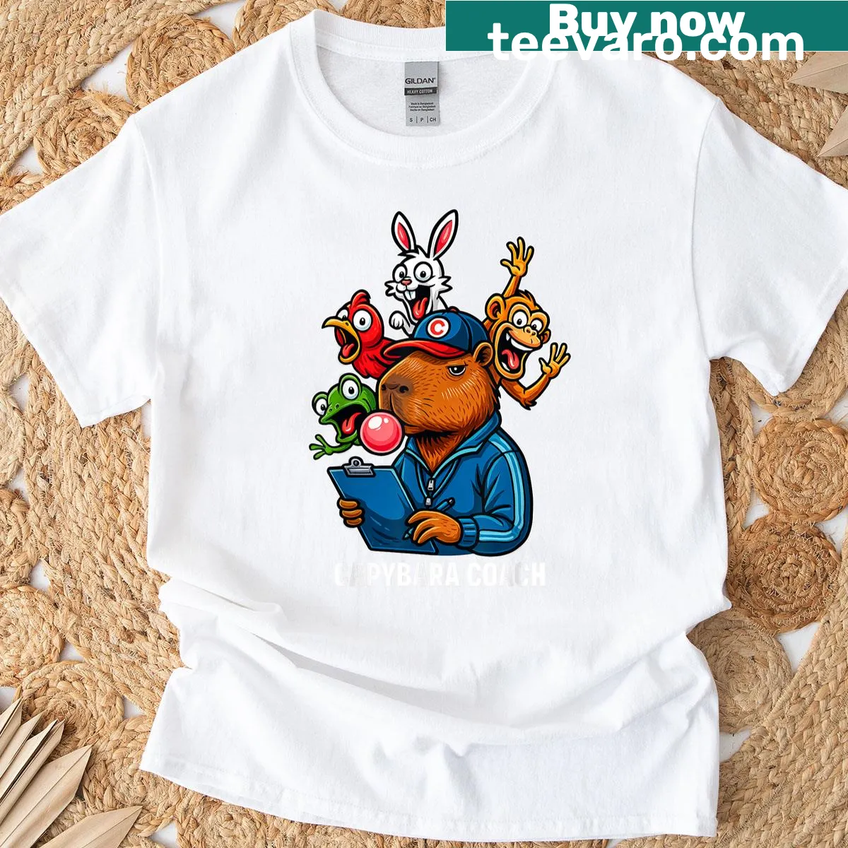 Cartoon of a capybara in a coach's cap for a humorous sports theme — on a men's t-shirt