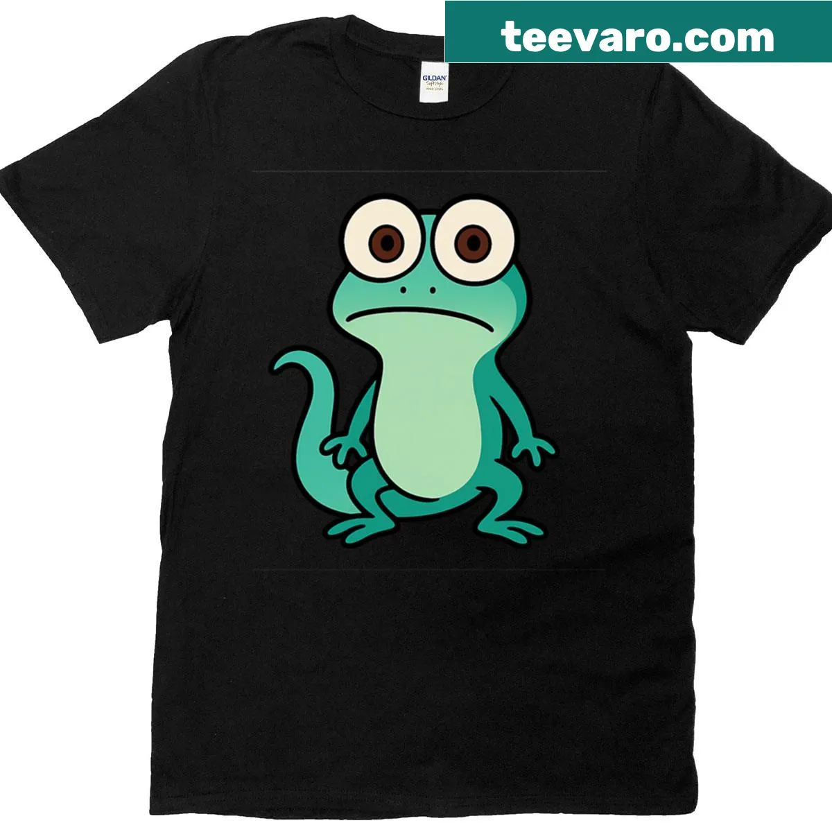 Cartoon lizard t-shirt with gecko graphic and meme text — on a men's t-shirt