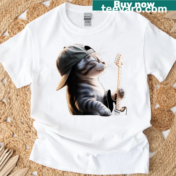 Funny T-shirt featuring a cat playing an electric guitar