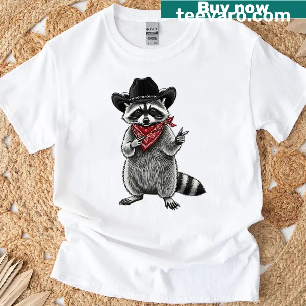 Cartoon raccoon in cowboy attire on a T-shirt