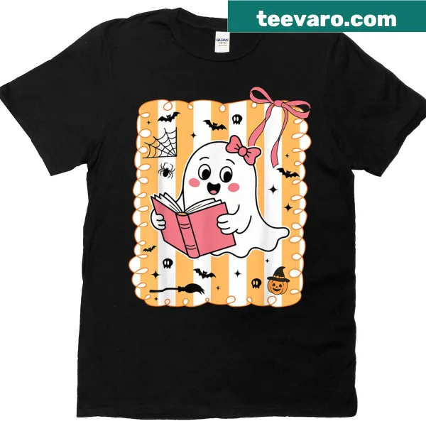 Cartoon ghost reading a book on a Halloween T-shirt