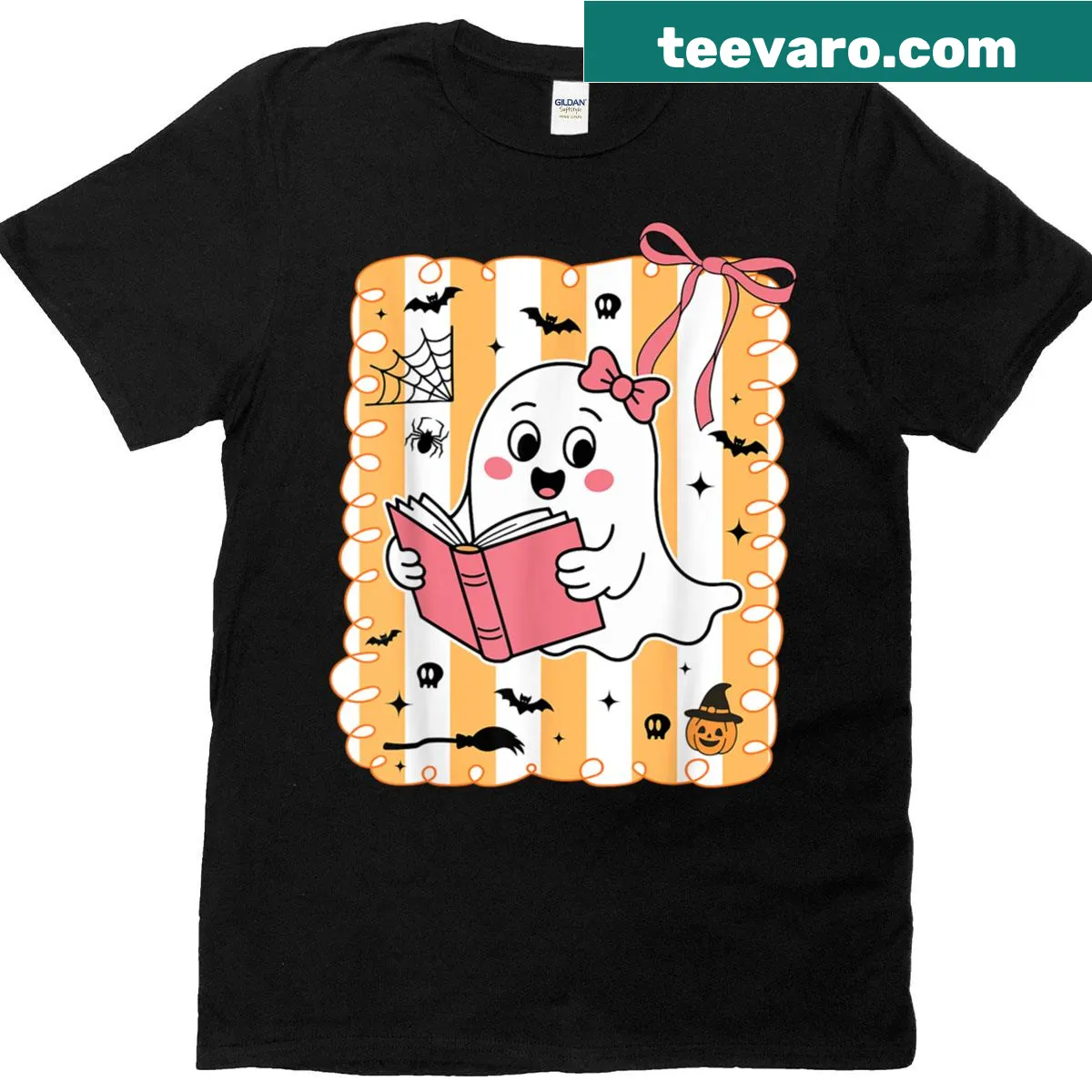 Cartoon ghost reading a book on a Halloween T-shirt — on a men's t-shirt