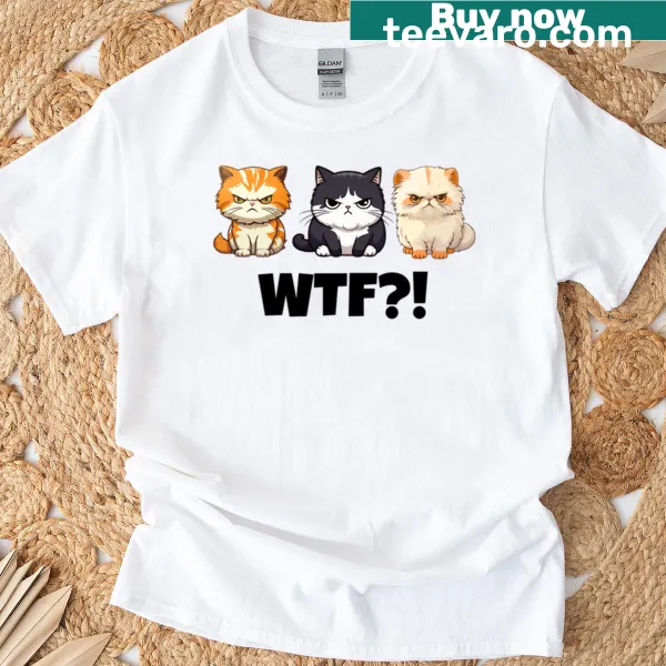 Cartoon grumpy cats graphic on T-shirt
