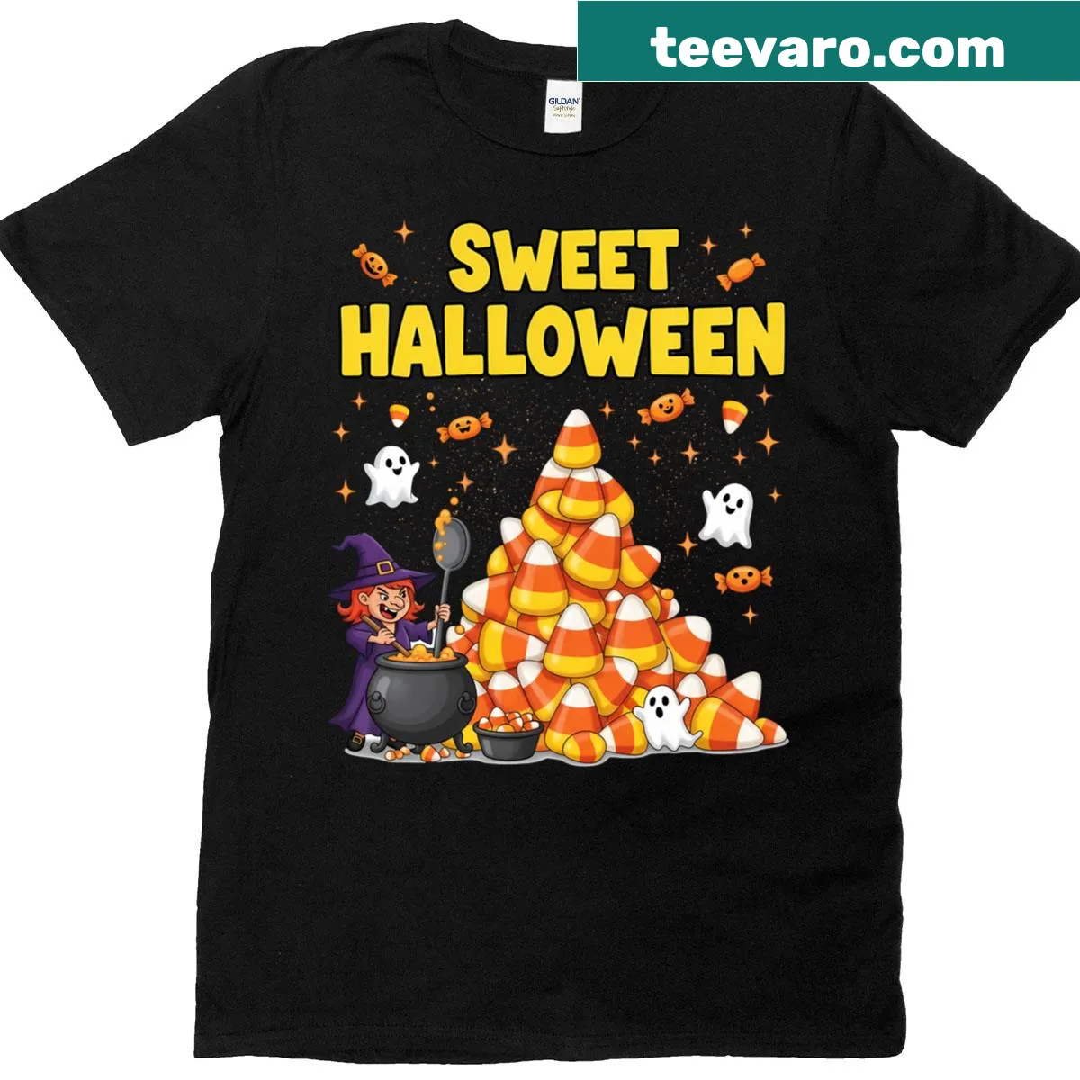 Kids Halloween T-shirt featuring a cartoon corn candy design — on a men's t-shirt