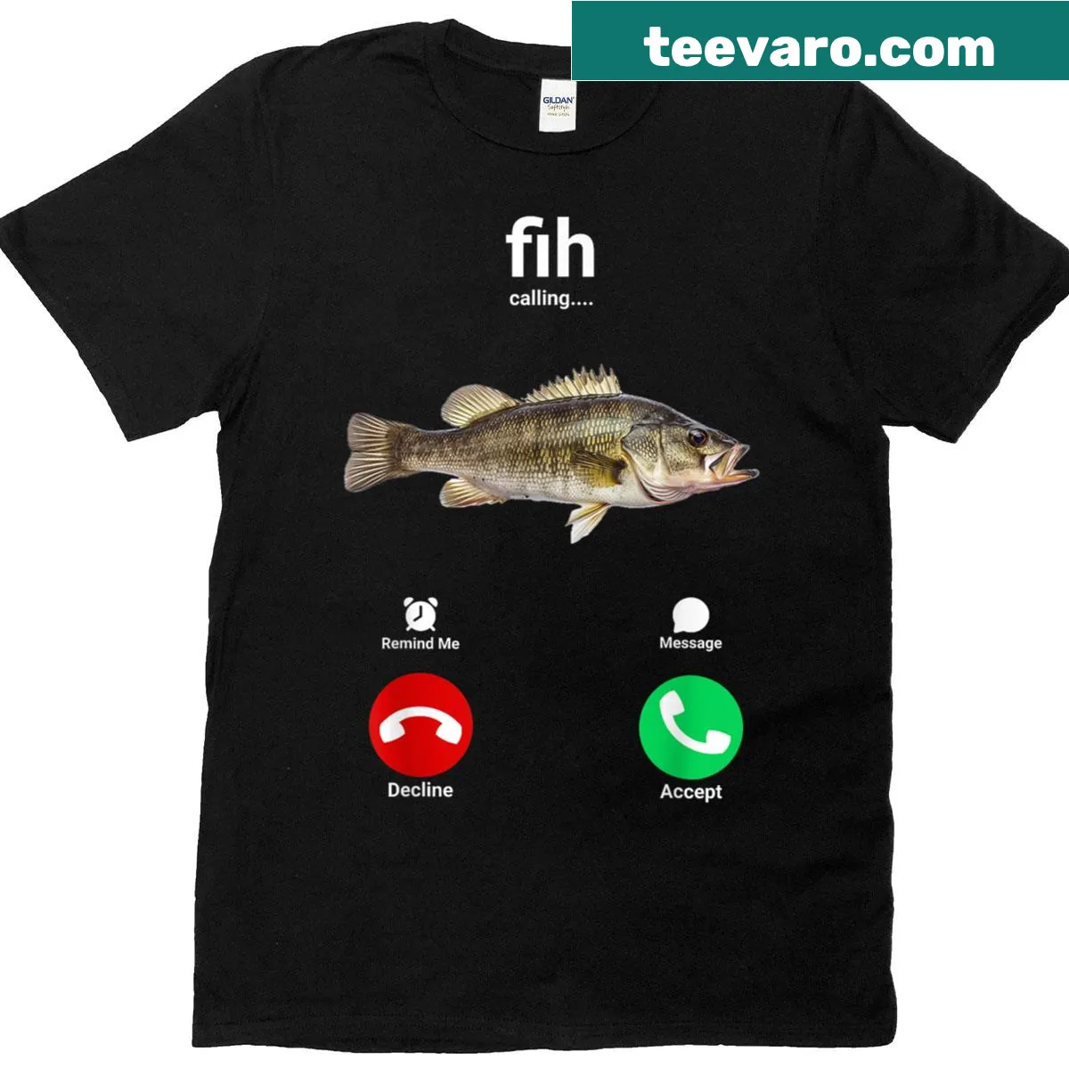 Humorous incoming call fish graphic t-shirt — on a men's t-shirt