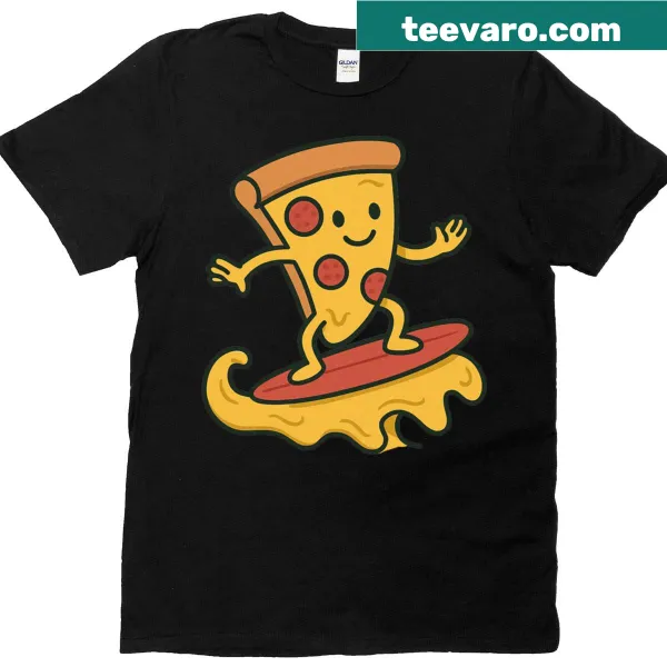 Cartoon pizza slice surfing graphic T-shirt