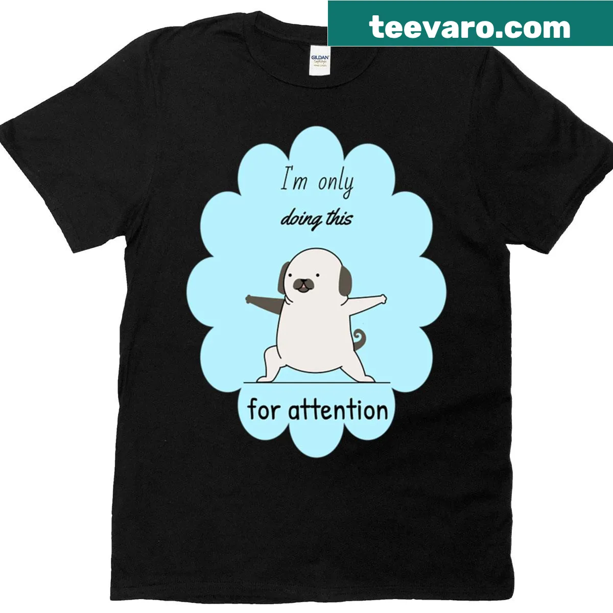 T-shirt with a humorous pug doing yoga illustration. — on a men's t-shirt