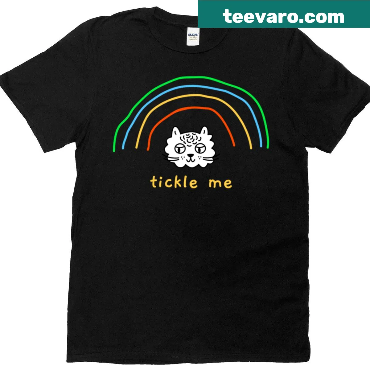 Cute rainbow cartoon cat with the phrase 'Tickle Me' on a T-shirt. — on a men's t-shirt