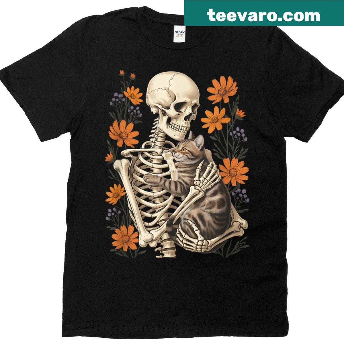 Cute Halloween t-shirt with a skeleton hugging a cat and floral elements — on a men's t-shirt