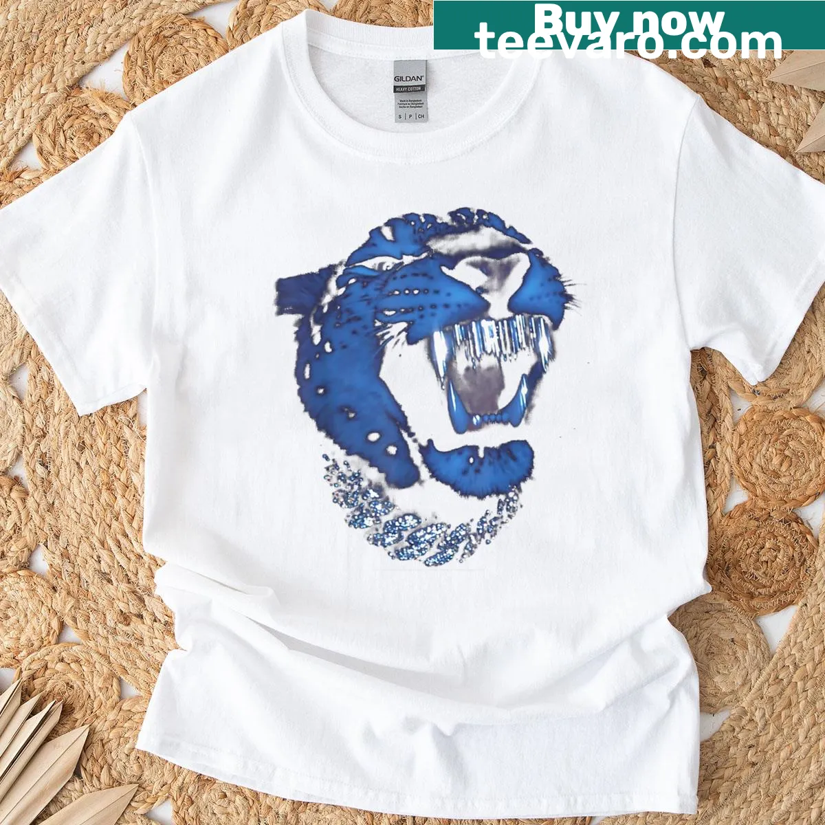 Gangsta Leopard T-shirt with bling and grillz design — on a men's t-shirt